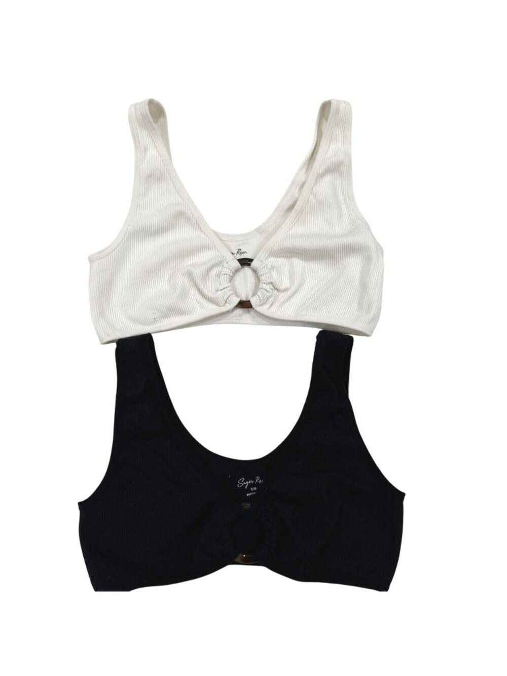 Sugar Rain Ladies Ribbed Knot-Front Bralette Set White & Black S/M